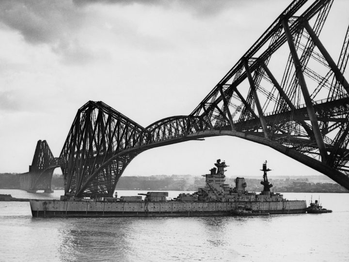 Royal Navy Nelson-Class Battleship HMS Nelson Passes Under Forth Bridge En Route to Scrapping, 16 March 1949