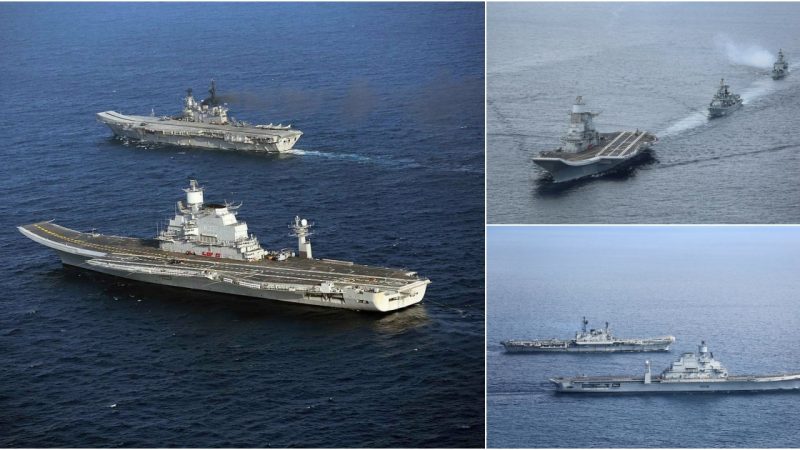 INS Viraat (R22) Escorts Indian Navy’s New Aircraft Carrier Vikramaditya (R33) During Delivery Voyage on January 3, 2014